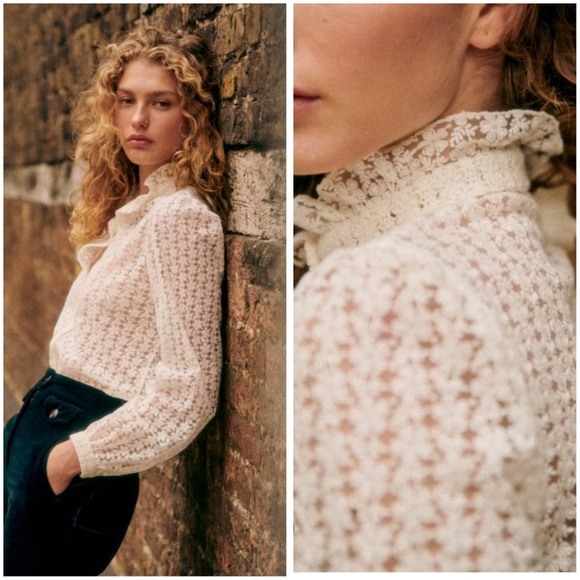 Sezane Tops - Sezane Cathy Ecru Lace Blouse Ruffle Stand Collar Cream Long Sleeve Button Down